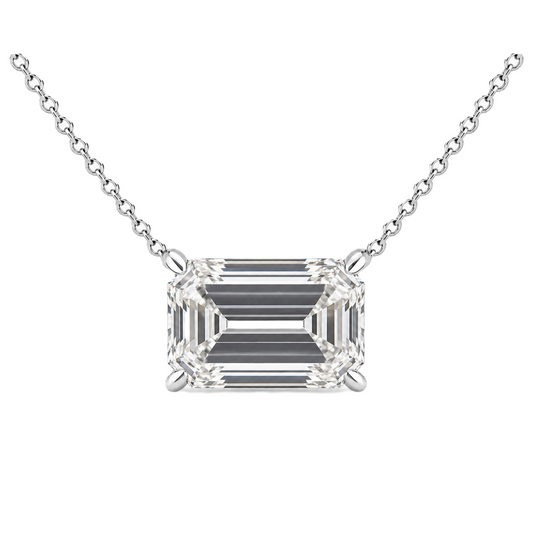 Emerald moissanite necklace, 11×9 mm emerald, crafted in white gold-plated 925 silver. Hypoallergenic and elegant for daily wear. Available now at BSI Jewelry.