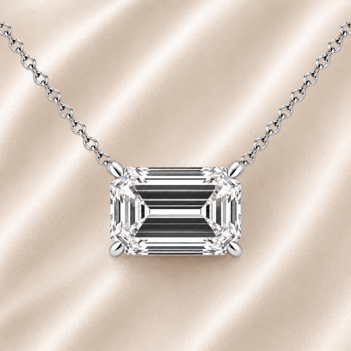 Emerald moissanite necklace, 11×9 mm emerald, crafted in white gold-plated 925 silver. Hypoallergenic and elegant for daily wear. Available now at BSI Jewelry.