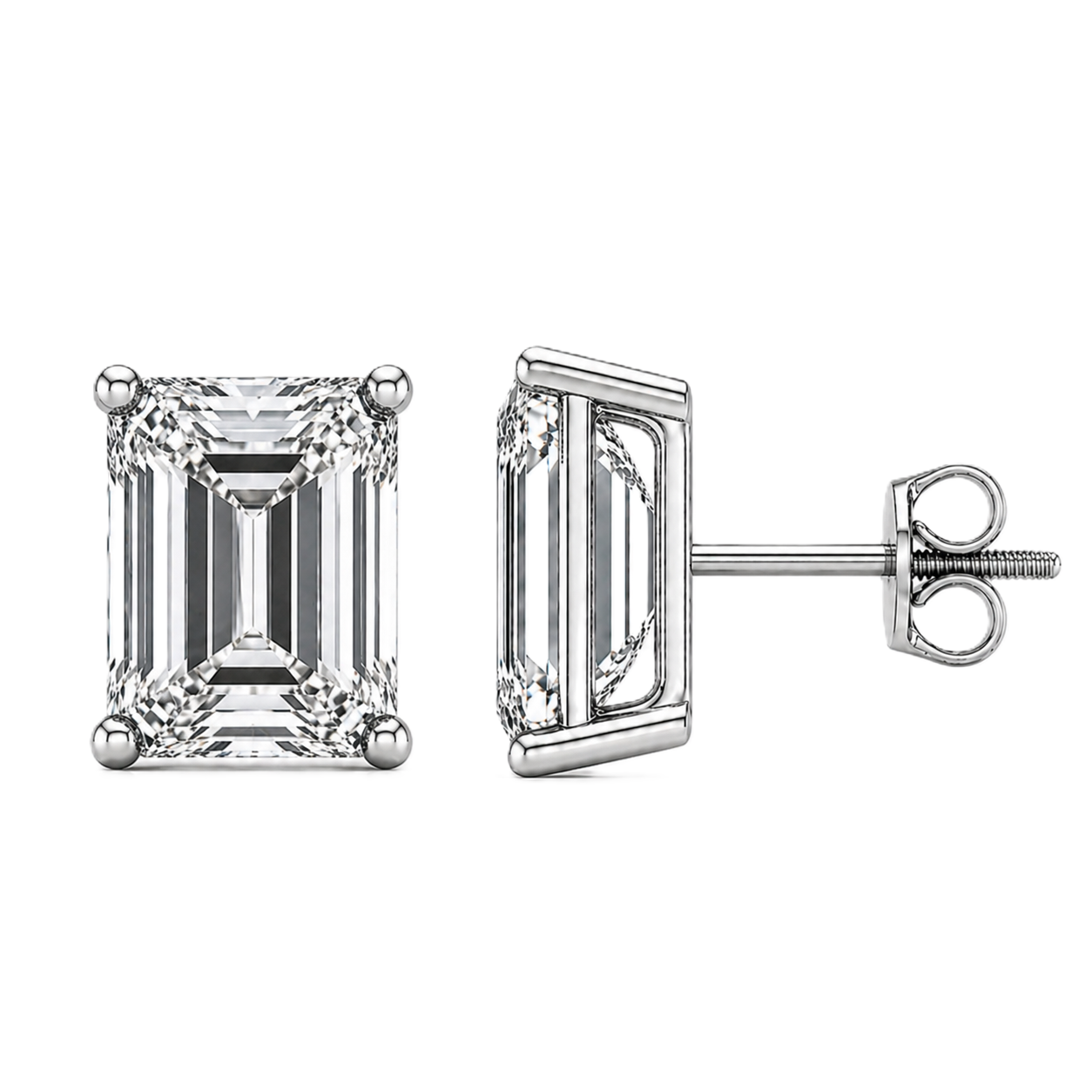 Emerald moissanite stud earrings, 8×6 mm, set in white gold-plated 925 silver. Elegant, hypoallergenic, and timeless for daily wear. Available now at BSI Jewelry.