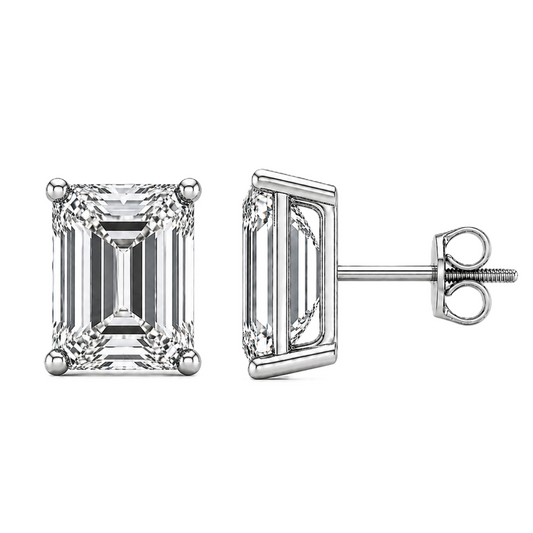 Emerald moissanite stud earrings, 8×6 mm, set in white gold-plated 925 silver. Elegant, hypoallergenic, and timeless for daily wear. Available now at BSI Jewelry.