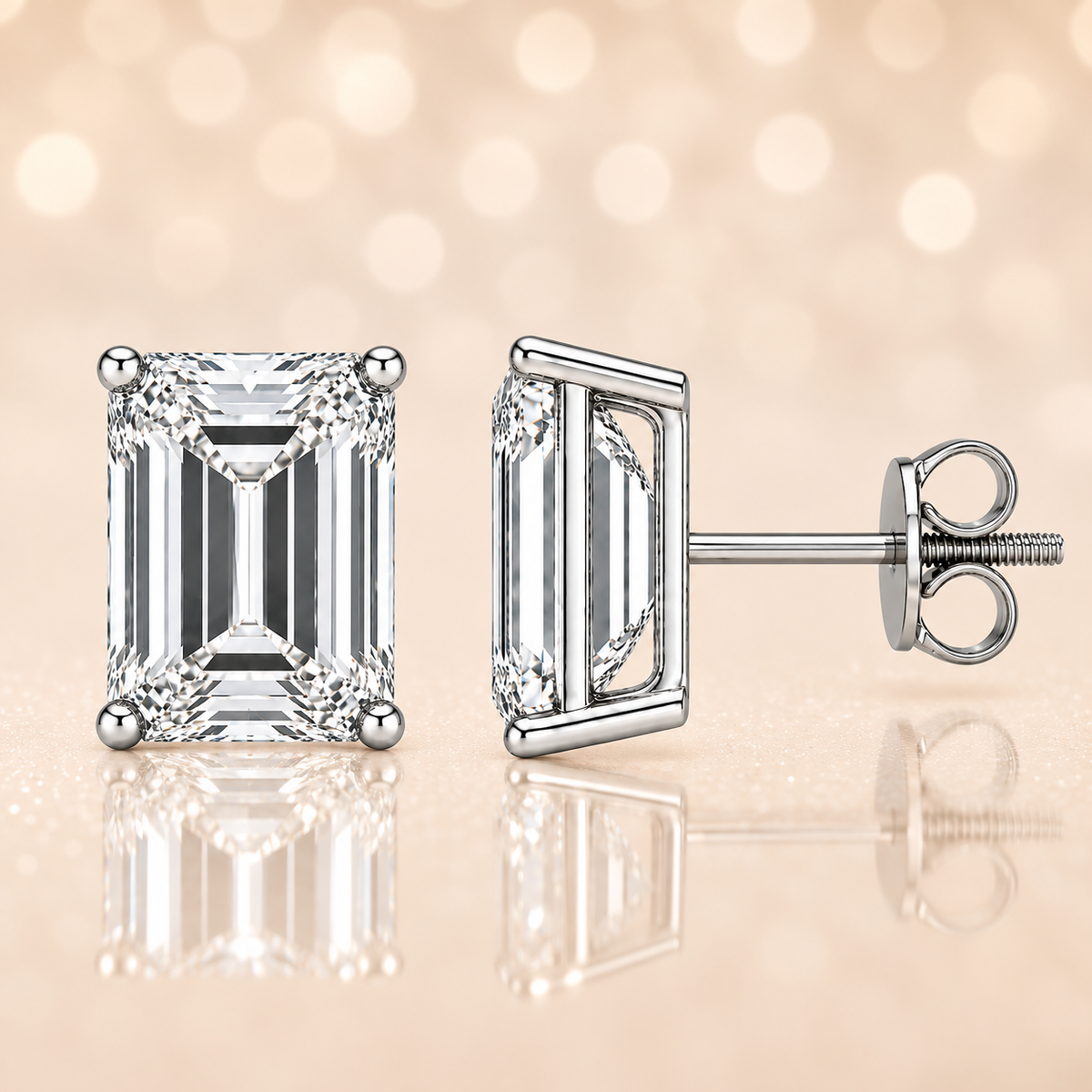 Emerald moissanite stud earrings, 8×6 mm, set in white gold-plated 925 silver. Elegant, hypoallergenic, and timeless for daily wear. Available now at BSI Jewelry.