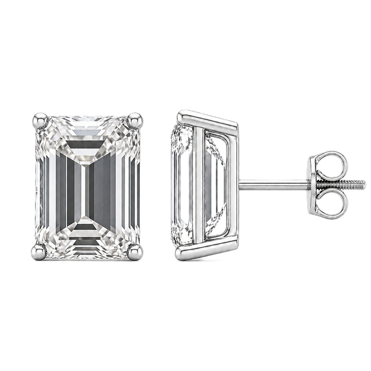 Emerald moissanite stud earrings, 9×7 mm emerald in white gold-plated 925 silver with screw-back posts. Elegant sparkle for daily wear. Available now at BSI Jewelry.
