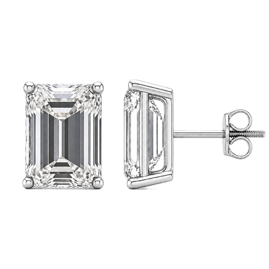 Emerald moissanite stud earrings, 9×7 mm emerald in white gold-plated 925 silver with screw-back posts. Elegant sparkle for daily wear. Available now at BSI Jewelry.