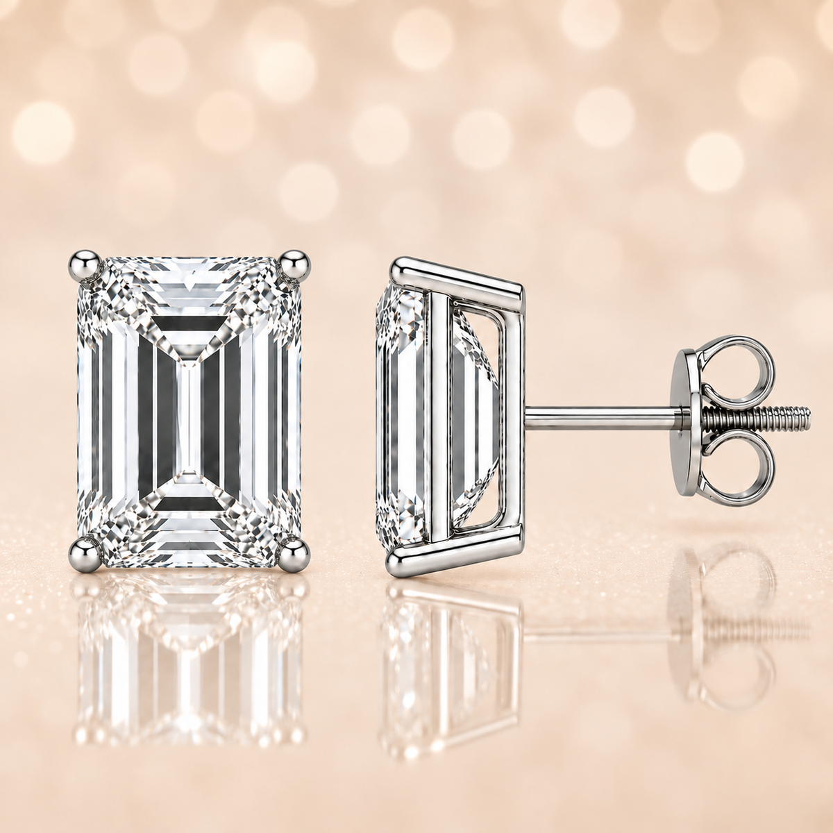 Emerald moissanite stud earrings, 9×7 mm emerald in white gold-plated 925 silver with screw-back posts. Elegant sparkle for daily wear. Available now at BSI Jewelry.