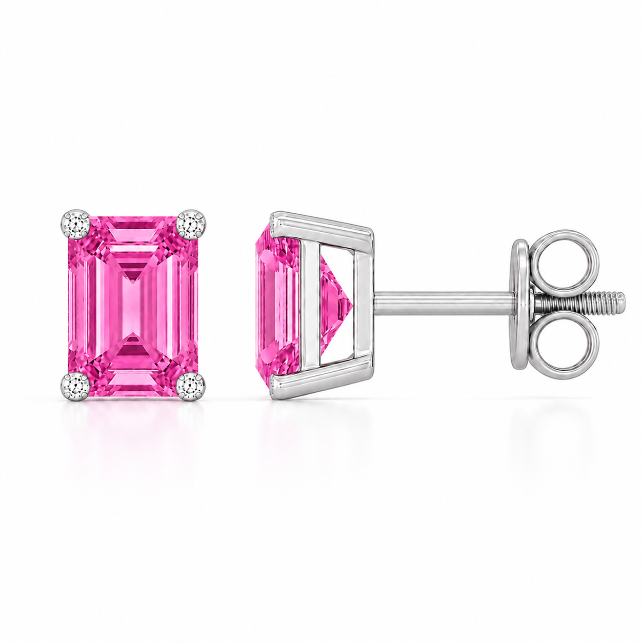 Emerald pink sapphire stud earrings with 6×4 mm stones and moissanite prongs in white gold plated 925 silver. Available now at BSI Jewelry.