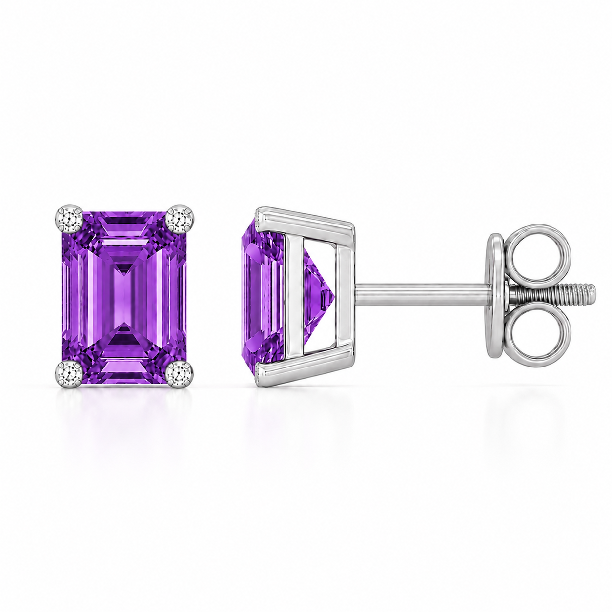 Emerald purple sapphire stud earrings with 6×4 mm stones and moissanite prongs in white gold plated 925 silver. Available now at BSI Jewelry.