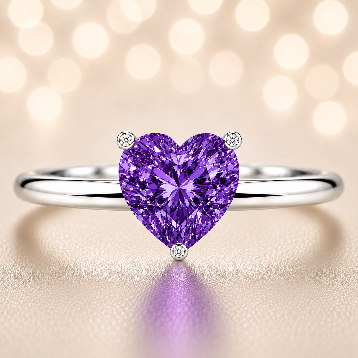 6 mm heart purple sapphire engagement ring in white gold-plated 925 silver. Enchanting, hypoallergenic, and elegant. Available now at BSI Jewelry.