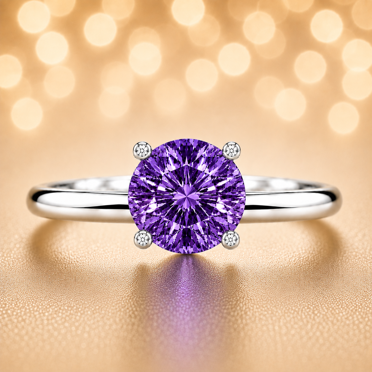 6 mm round purple sapphire engagement ring in white gold-plated 925 silver. Enchanting, hypoallergenic, and elegant. Available now at BSI Jewelry.