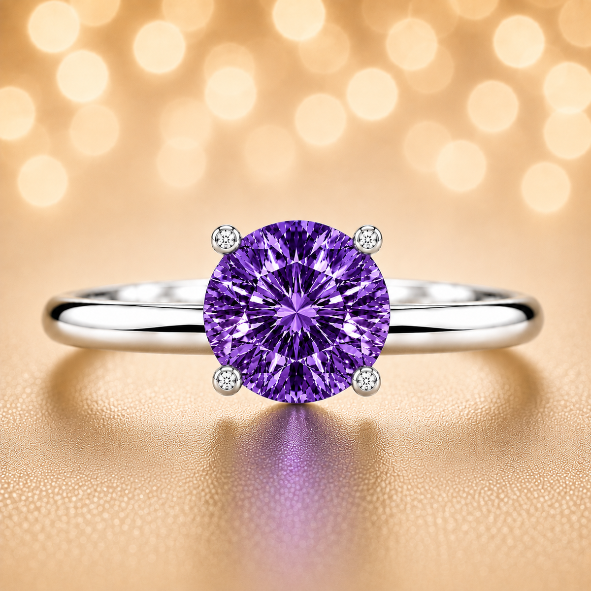 6 mm round purple sapphire engagement ring in white gold-plated 925 silver. Enchanting, hypoallergenic, and elegant. Available now at BSI Jewelry.