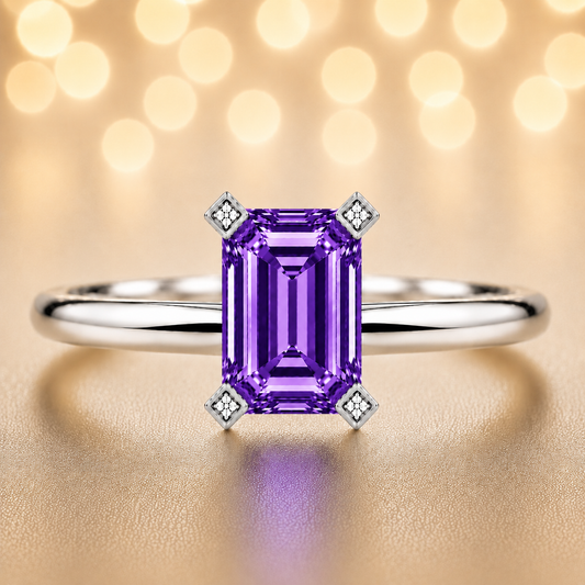 Purple sapphire engagement ring crafted in white gold-plated 925 silver. Enchanting, hypoallergenic, and elegant for everyday wear. Available at BSI Jewelry.