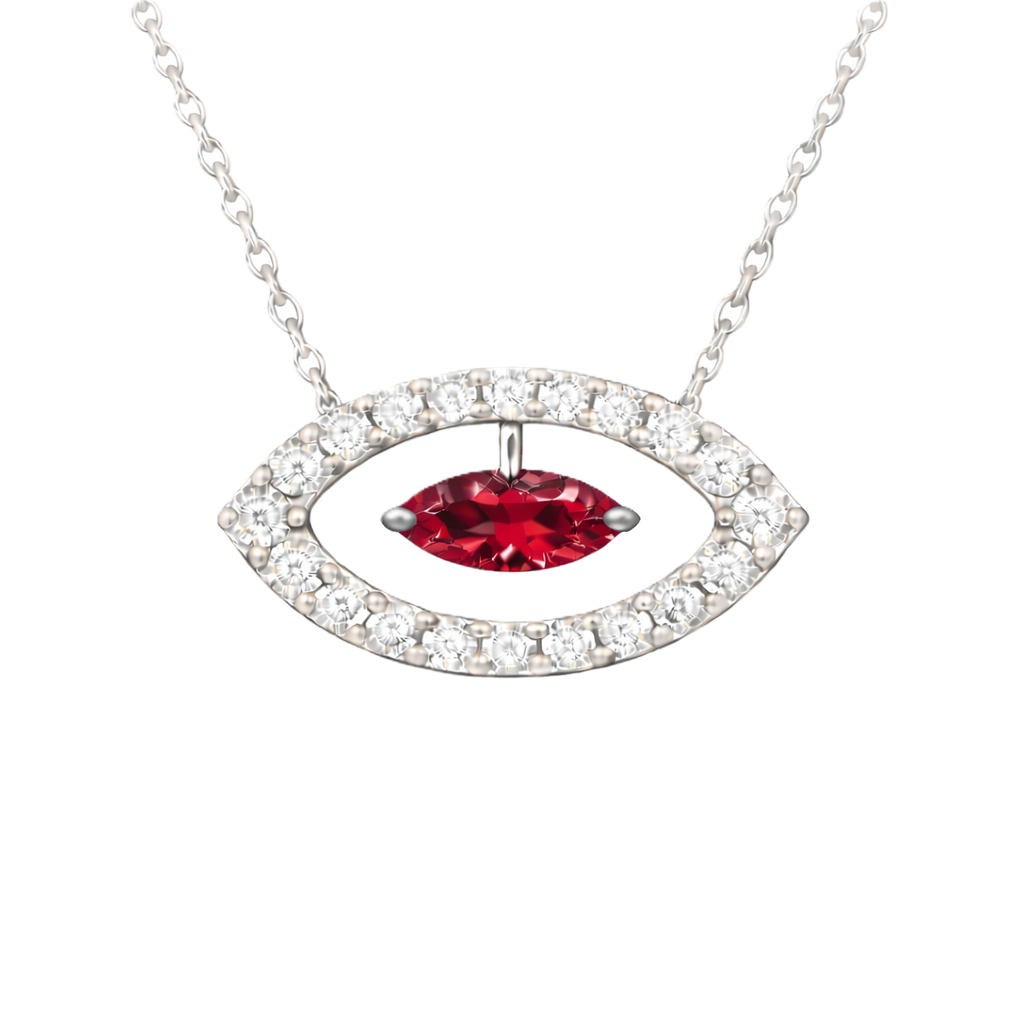 Garnet necklace with a 7×3.5 mm marquise-cut stone in white gold-plated 925 silver, accented with moissanite. Available now at BSI Jewelry.