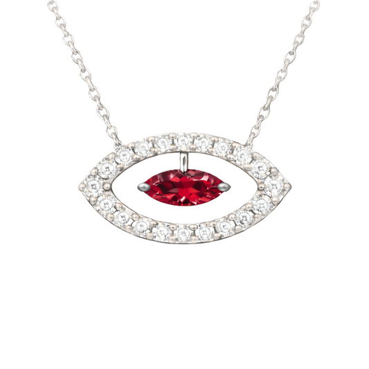 Garnet necklace with a 7×3.5 mm marquise-cut stone in white gold-plated 925 silver, accented with moissanite. Available now at BSI Jewelry.