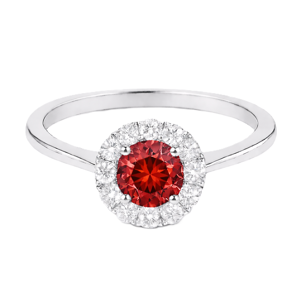 Garnet ring with a 4.50 mm round-cut stone in white gold-plated 925 silver, accented with moissanite for rich red brilliance. Available now at BSI Jewelry.