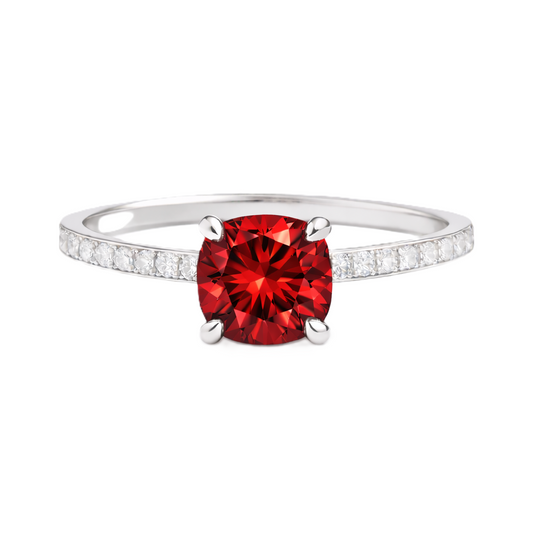 Garnet ring with a 6 mm cushion in white gold-plated 925 silver, accented with moissanite. Fresh and elegant for daily wear. Available now at BSI Jewelry.