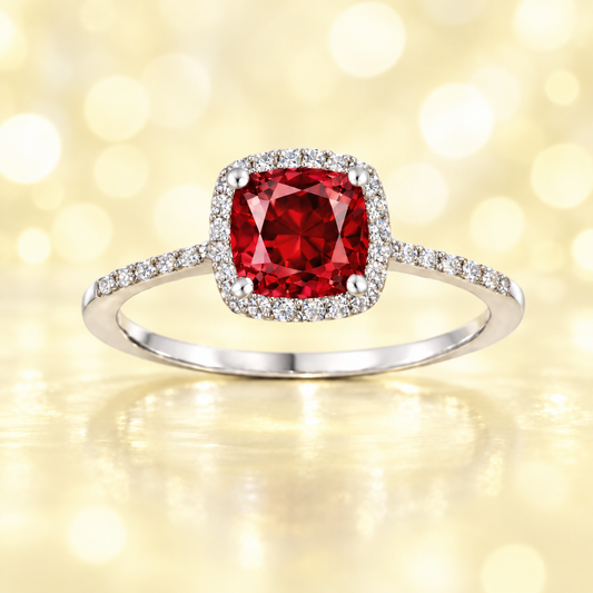 Garnet ring with a 6 mm cushion-cut center in white gold-plated 925 silver, accented with moissanite for refined sparkle. Available now at BSI Jewelry.
