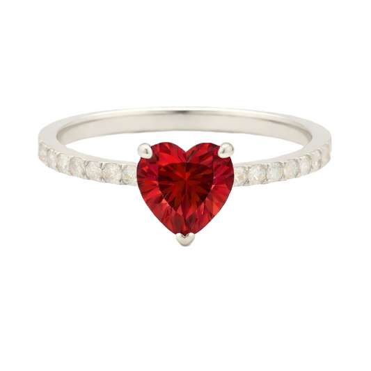 Garnet ring with a 6 mm heart-cut in white gold-plated 925 silver, accented with moissanite. Romantic and elegant for daily wear. Available now at BSI Jewelry.