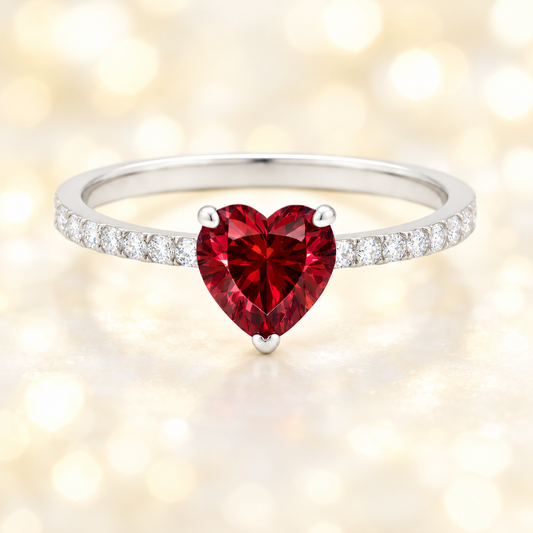 Garnet ring with a 6 mm heart-cut in white gold-plated 925 silver, accented with moissanite. Romantic and elegant for daily wear. Available now at BSI Jewelry.