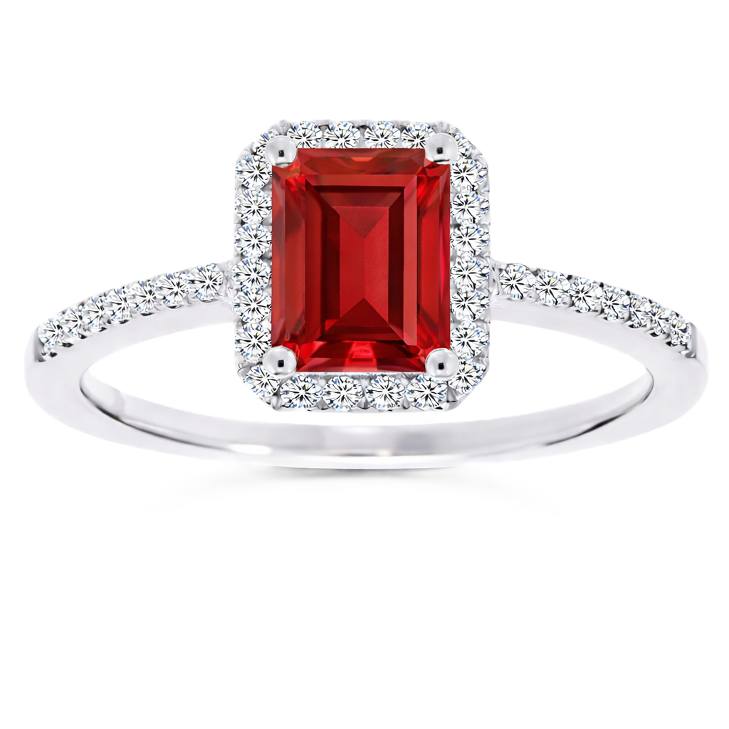 Garnet ring with a 7×5 mm emerald cut, with moissanite in white gold-plated 925 silver. Elegant and timeless for daily wear. Available now at BSI Jewelry.