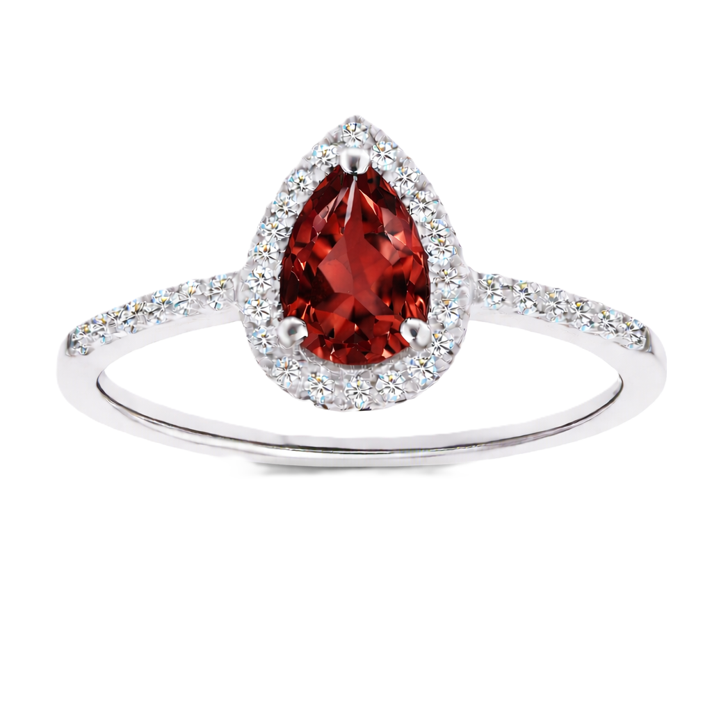 Garnet ring with a 7×5 mm pear cut, with moissanite in white gold-plated 925 silver. Elegant and timeless for daily wear. Available now at BSI Jewelry.