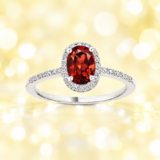 Garnet ring with a 7×5 mm oval cut in white gold-plated 925 silver, with moissanite. Elegant and refined for daily wear. Available now at BSI Jewelry.