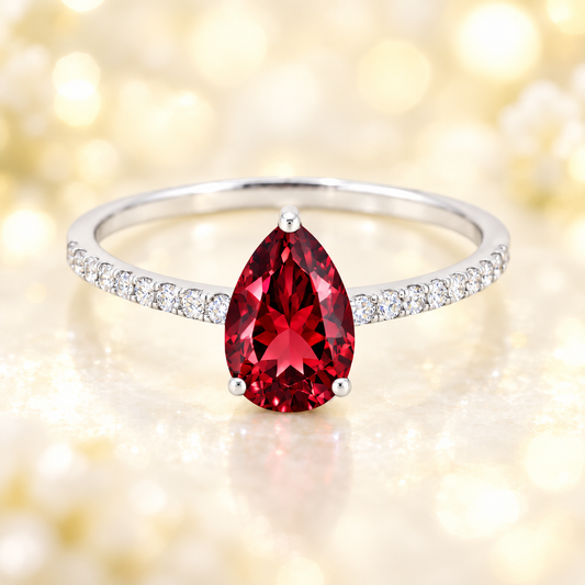Garnet ring with a 7×5 mm pear-cut stone and moissanite accents in white gold plated 925 silver. Elegant for daily wear. Available now at BSI Jewelry.