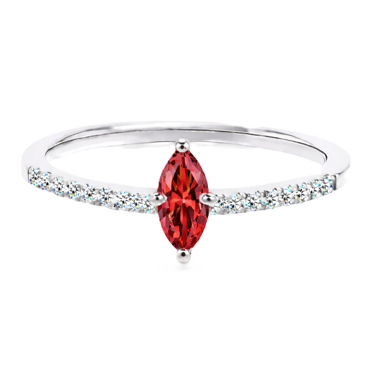 Garnet ring with an 8×4 mm marquise-cut stone, accented by moissanite in white gold-plated 925 silver. Rich and elegant. Available now at BSI Jewelry.