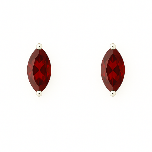 Elegant garnet stud earrings with 6×3 mm marquise-cut in white gold-plated 925 silver. Hypoallergenic design for timeless beauty. Available at BSI Jewelry.