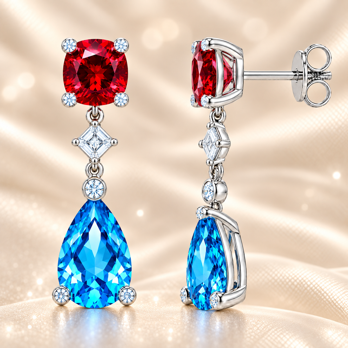 Garnet and Swiss Blue Topaz drop earrings with brilliant Moissanite accents, crafted in white gold-plated 925 Silver with screw-back posts. Now at BSI Jewelry.
