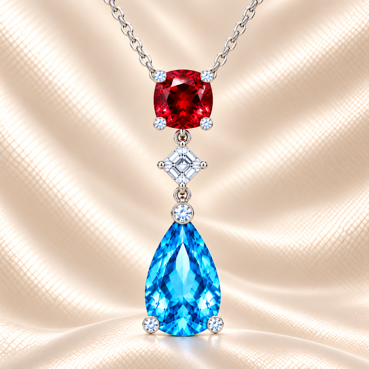 Garnet and Swiss Blue Topaz drop necklace with brilliant Moissanite accents, crafted in white gold-plated 925 Silver with a 45 cm chain. Now at BSI Jewelry.