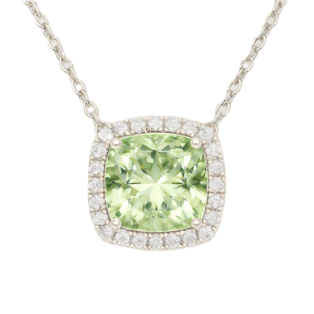 Green amethyst necklace with an 8 mm cushion in white gold-plated 925 silver, accented with moissanite. Elegant for daily wear. Available now at BSI Jewelry.