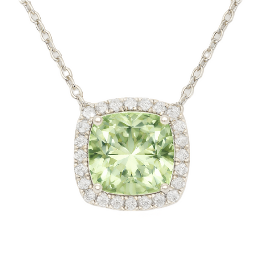 Green amethyst necklace with an 8 mm cushion in white gold-plated 925 silver, accented with moissanite. Elegant for daily wear. Available now at BSI Jewelry.