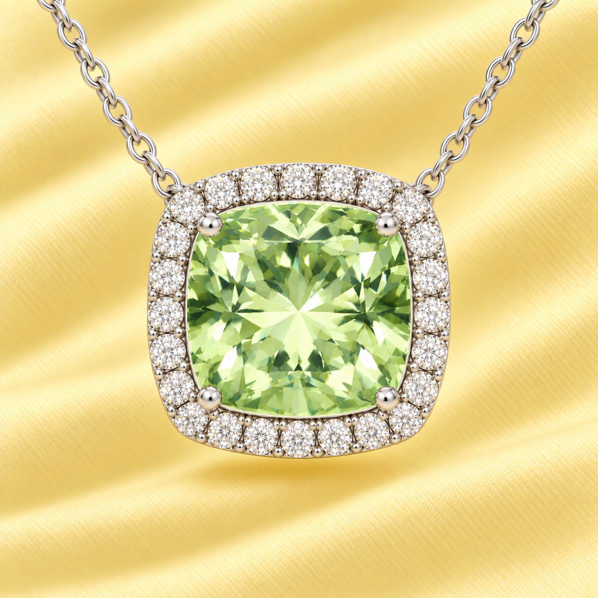 Prasolite necklace with an 8 mm cushion in white gold-plated 925 silver, accented with moissanite. Elegant for daily wear. Available now at BSI Jewelry.