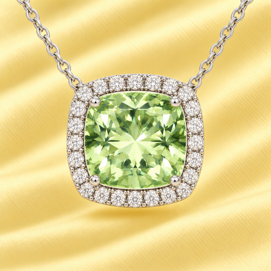 Prasolite necklace with an 8 mm cushion in white gold-plated 925 silver, accented with moissanite. Elegant for daily wear. Available now at BSI Jewelry.