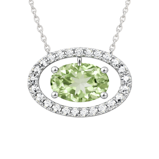 Green amethyst necklace with an 8×5 mm oval in white gold-plated 925 silver, accented with moissanite. Elegant for daily wear. Available now at BSI Jewelry.