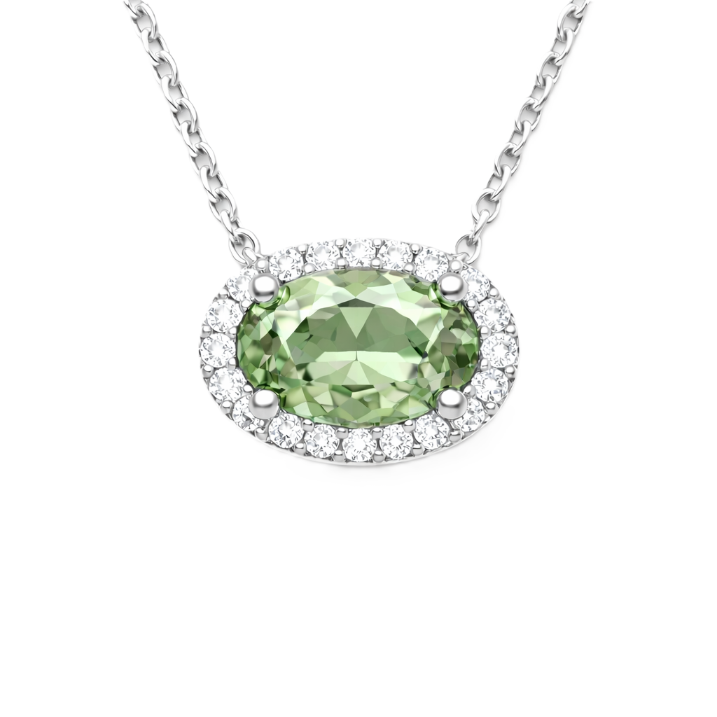 Green amethyst necklace with 8×5 mm oval gemstone in white gold-plated 925 silver, accented with moissanite. Soft and elegant. Available now at BSI Jewelry.