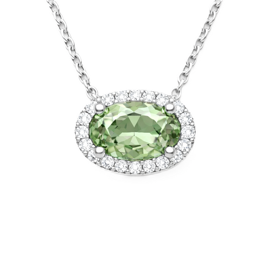Green amethyst necklace with 8×5 mm oval gemstone in white gold-plated 925 silver, accented with moissanite. Soft and elegant. Available now at BSI Jewelry.