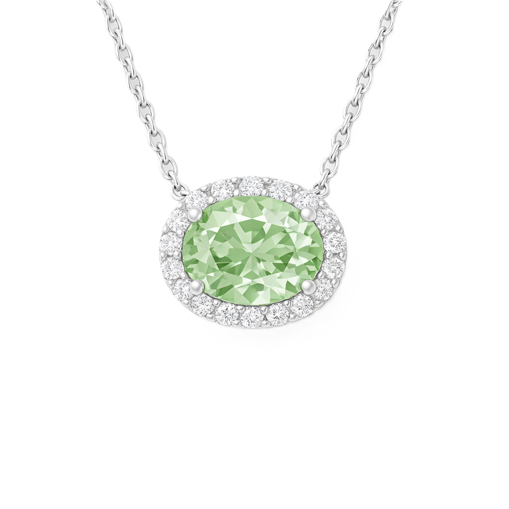Moissanite and green amethyst necklace with 9×7 mm oval gemstone in white gold-plated 925 silver with moissanite. Fresh and elegant. Available now at BSI Jewelry.