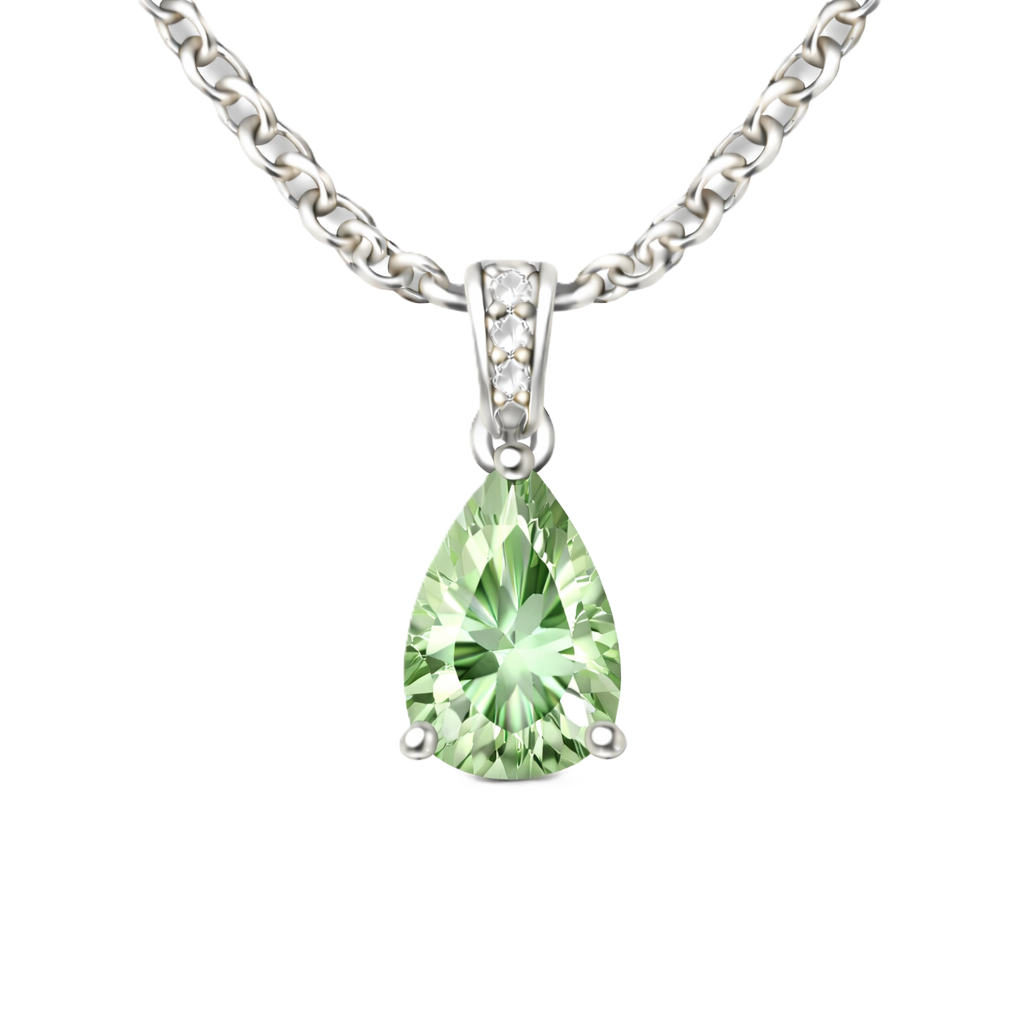 Green amethyst pendant with an 8×5 mm pear cut, crafted in white gold-plated 925 silver. Fresh and elegant for daily wear. Available now at BSI Jewelry.