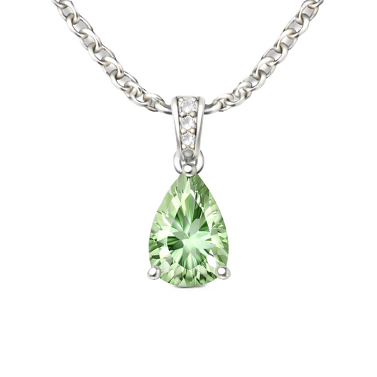 Green amethyst pendant with an 8×5 mm pear cut, crafted in white gold-plated 925 silver. Fresh and elegant for daily wear. Available now at BSI Jewelry.