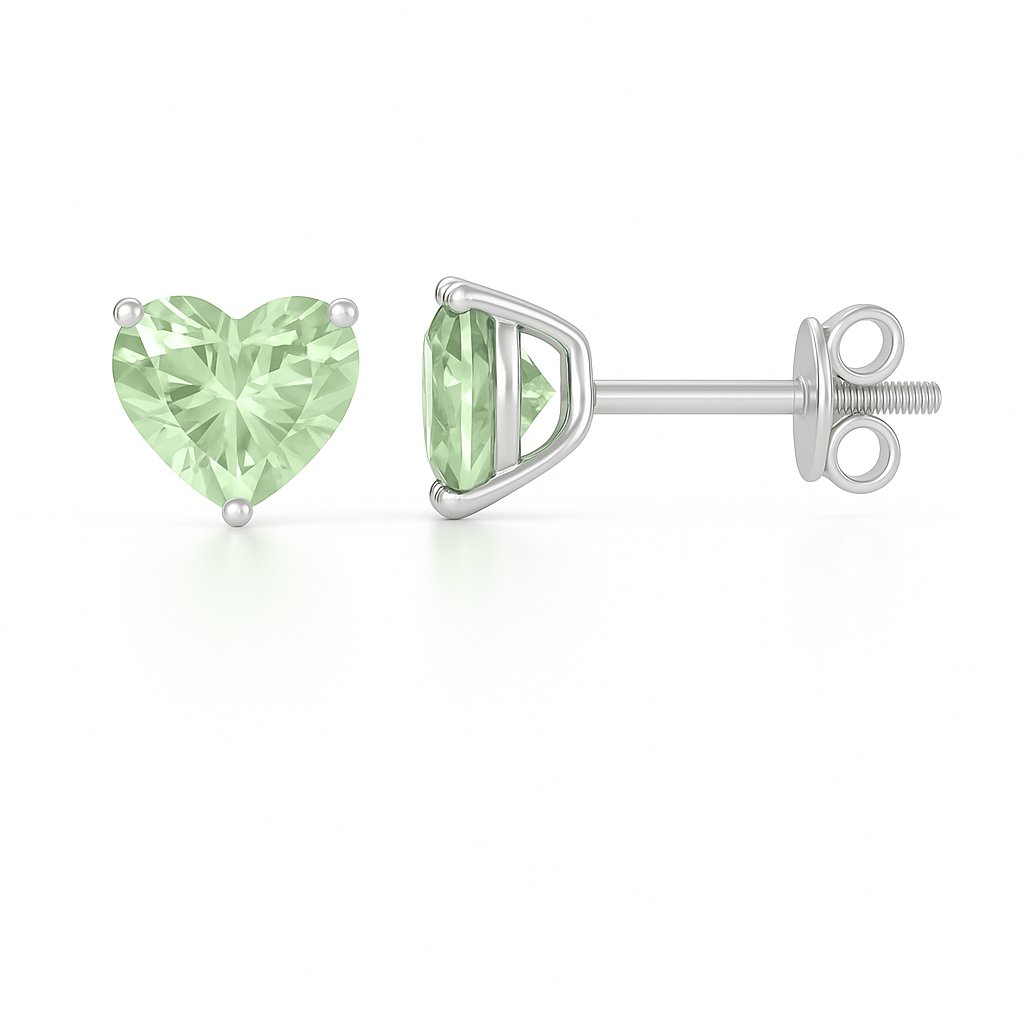 Green amethyst stud earrings,6 mm heart cut, in white gold-plated 925 silver with palladium alloy. Elegant, hypoallergenic design. Available now at BSI Jewelry.
