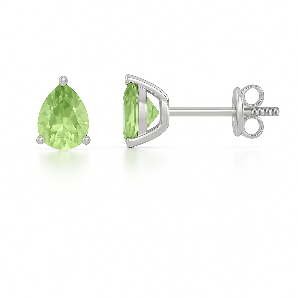 Green amethyst stud earrings, 6×4 mm pear cut, in white gold-plated 925 silver with palladium alloy. Elegant and hypoallergenic. Available now at BSI Jewelry.