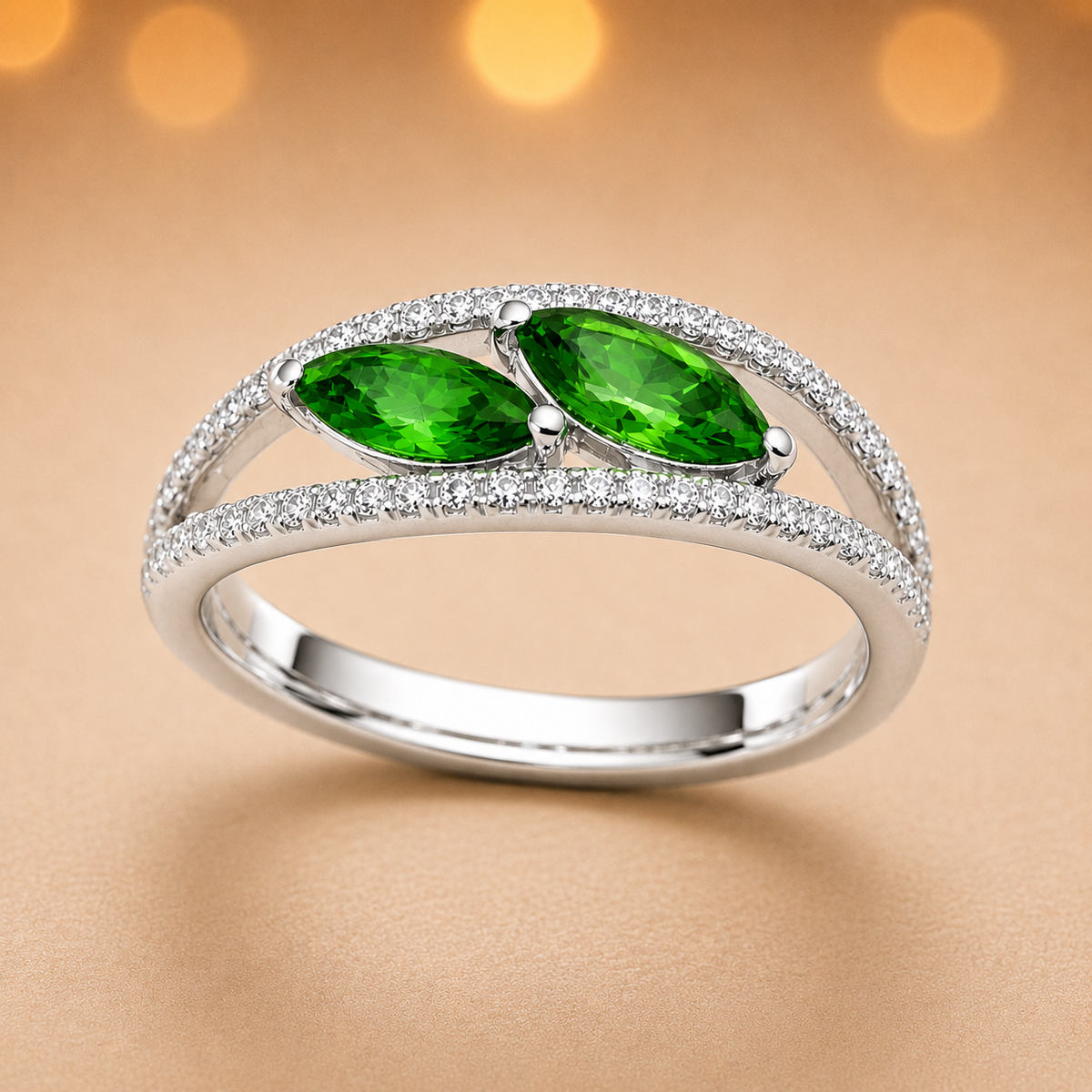 Green sapphire crossover ring with 6×3 mm marquise in white gold-plated 925 silver, accented with moissanite. Elegant and contemporary. Available at BSI Jewelry.
