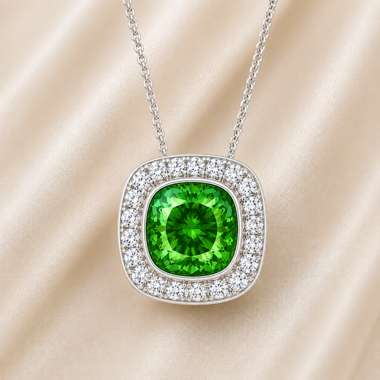 Green sapphire cushion pendant with 6 mm center stone in white gold-plated 925 silver, accented with moissanite. Elegant and refreshing. Available at BSI Jewelry.