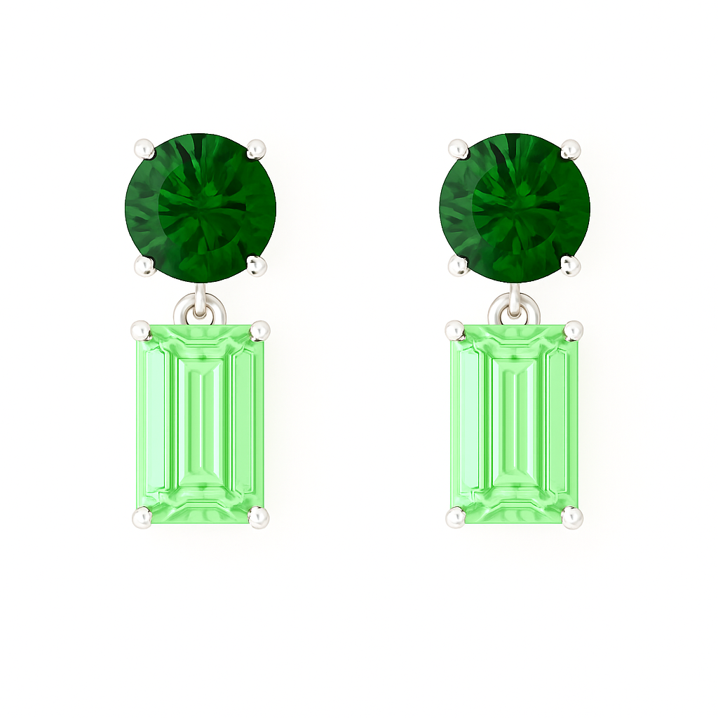Green sapphire drop earrings with 5mm round and 6×4mm emerald-cut, crafted in white gold-plated 925 silver with palladium-added alloy. Available at BSI Jewelry.