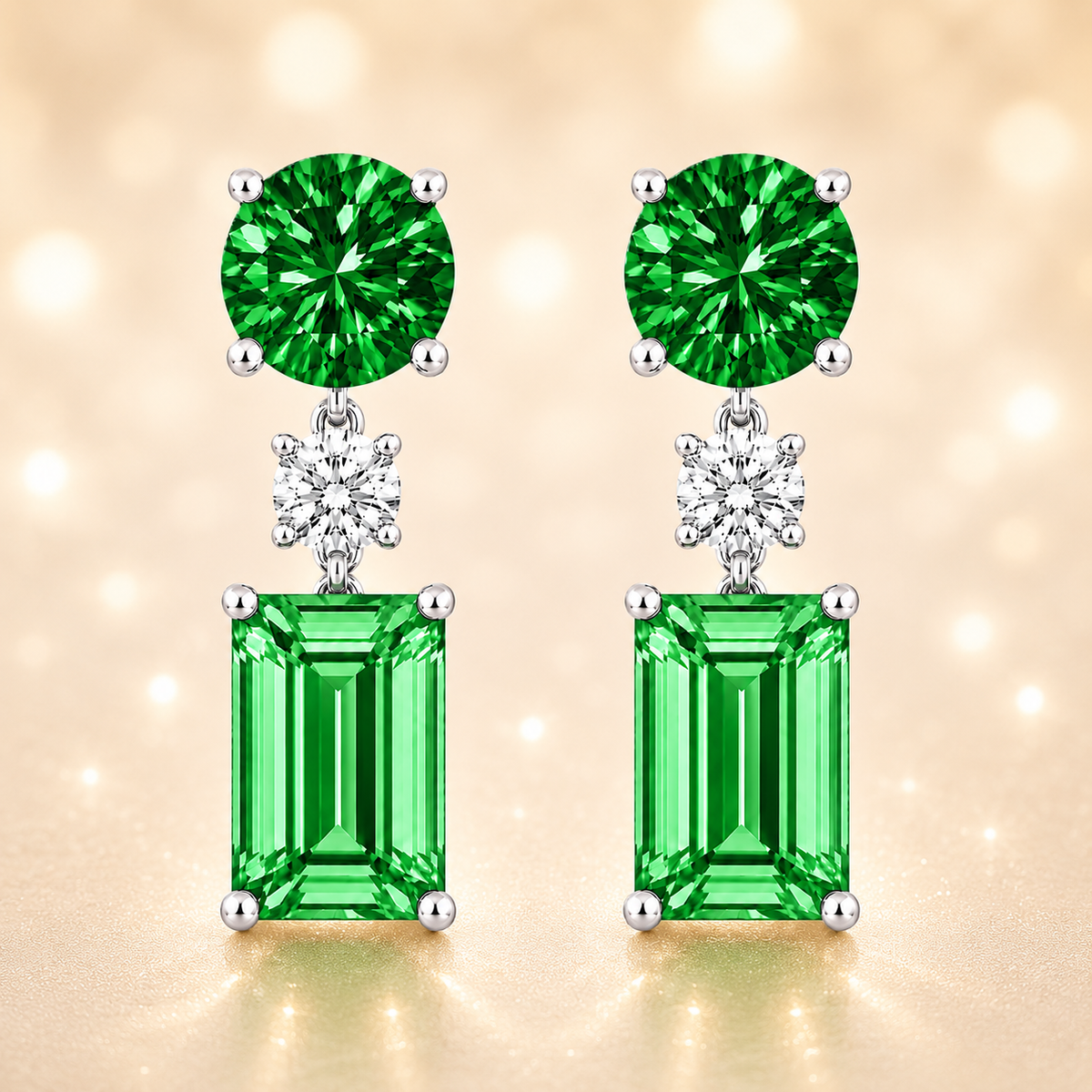 Green sapphire drop earrings with 5mm round and 6×4mm emerald-cut, crafted in white gold-plated 925 silver with palladium-added alloy. Available at BSI Jewelry.