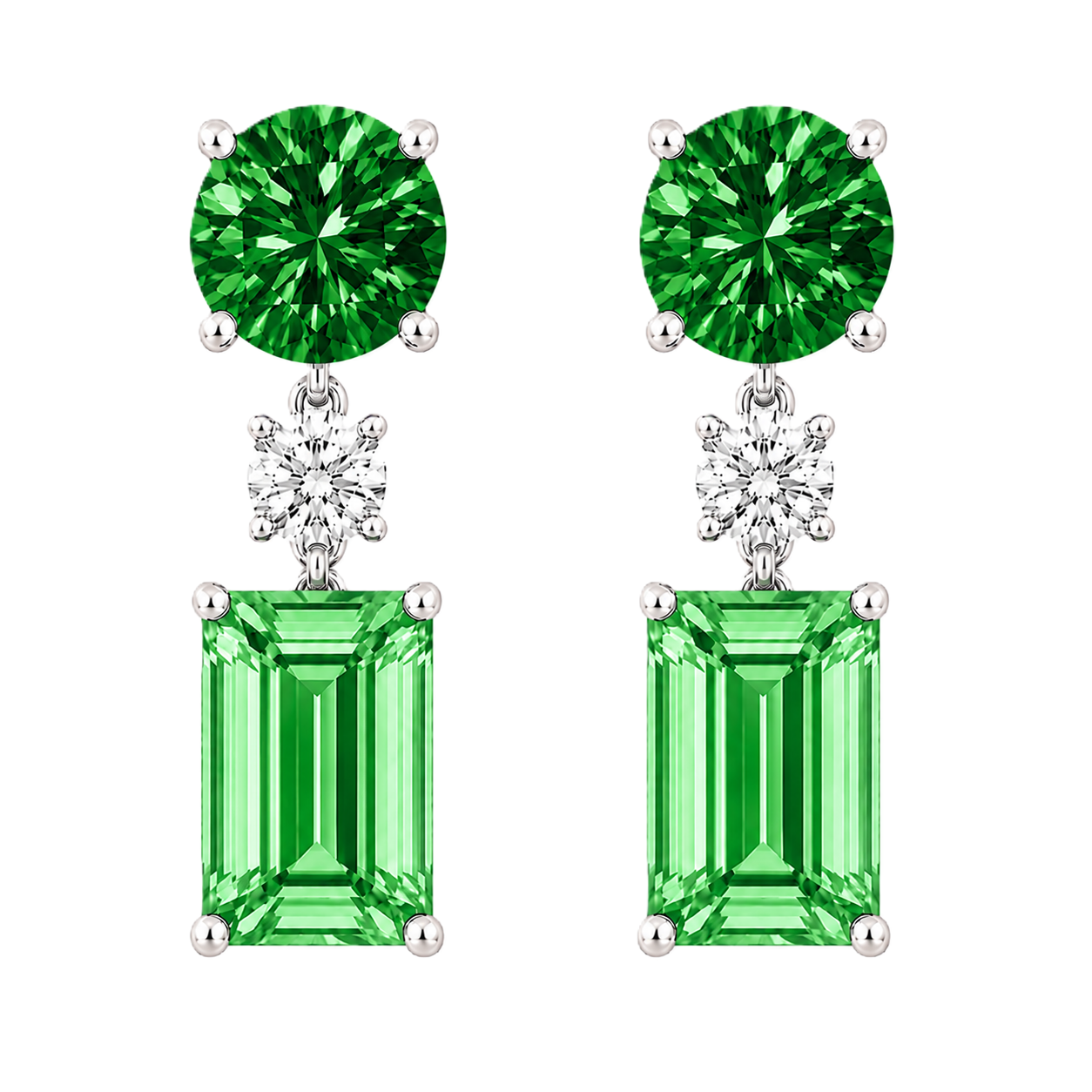 Green sapphire drop earrings with 5mm round and 6×4mm emerald-cut, crafted in white gold-plated 925 silver with palladium-added alloy. Available at BSI Jewelry.