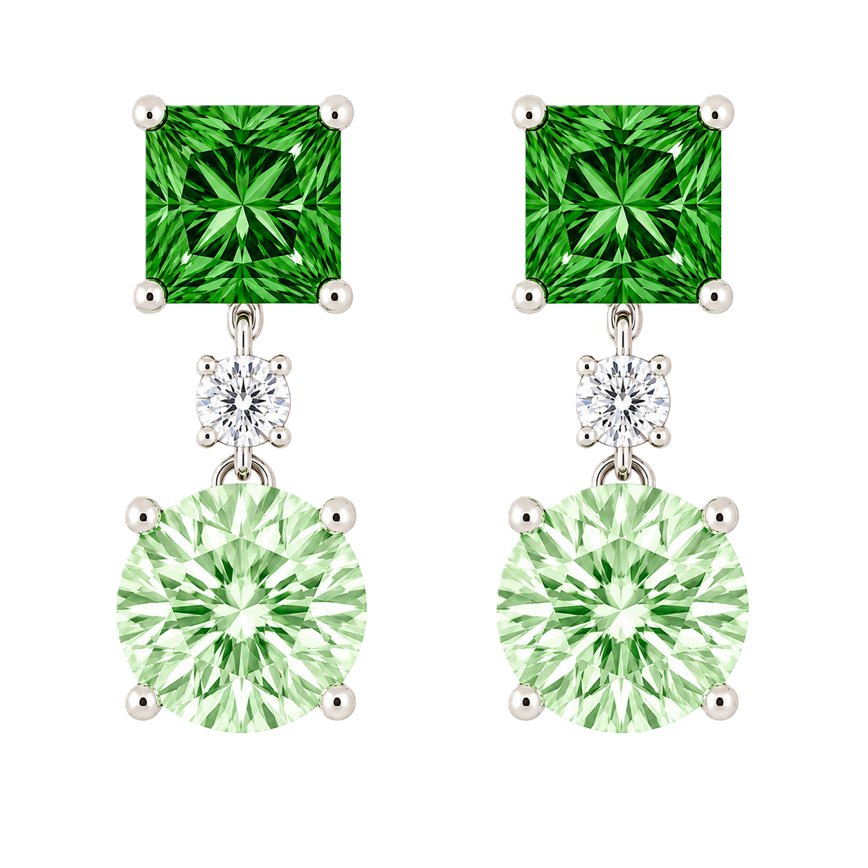 Green sapphire drop earrings with 6 mm princess and round cuts, crafted in white gold-plated 925 silver. Elegant and colorful. Available now at BSI Jewelry.