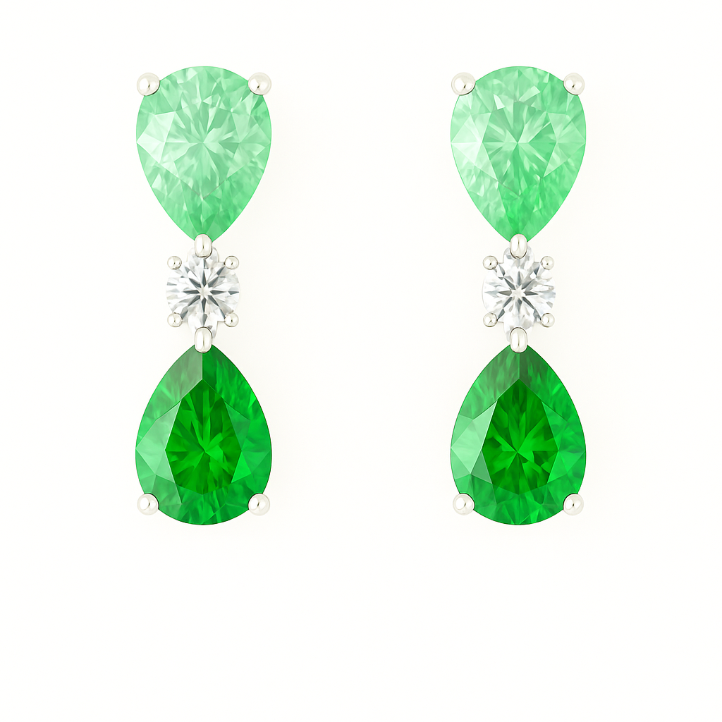 Striking green sapphire drop stud earrings with 6×4 mm pear-cut stones, crafted in white gold-plated 925 silver with palladium-added alloy. Now at BSI Jewelry.