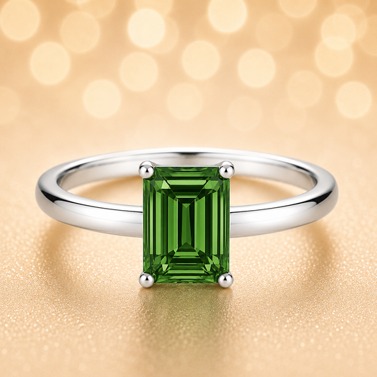 7×5 mm emerald-cut green sapphire solitaire ring set in white-gold-plated 925 silver. Vibrant color, refined charm, and timeless elegance. Now at BSI Jewelry.
