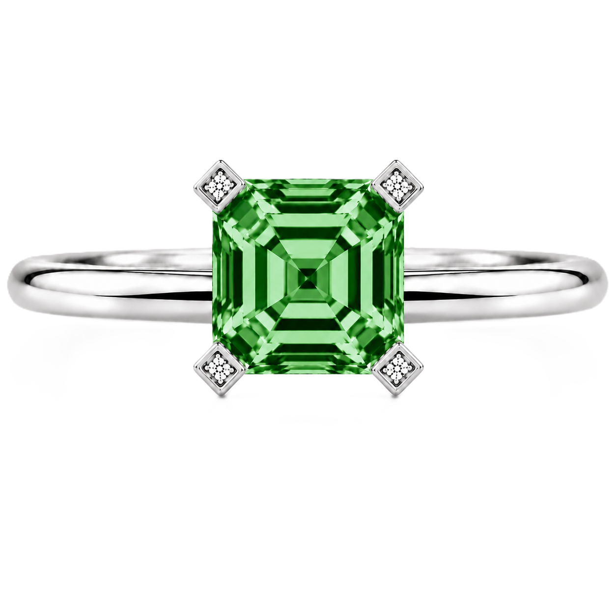 Vibrant green sapphire engagement ring with a 6 mm asscher-cut center stone, crafted in white gold plated 925 silver. Available now at BSI Jewelry.